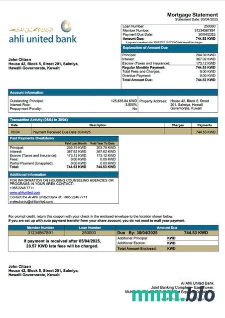 Kuwejt Bank Al Ahli United wyciąg z kredytu hipotecznego szablon Word i PDF